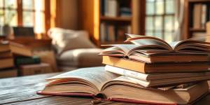 Open books on a wooden desk in a cozy nook.