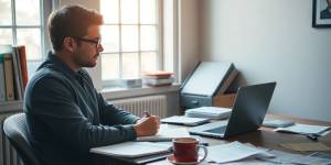 Writer at desk with laptop and notes.