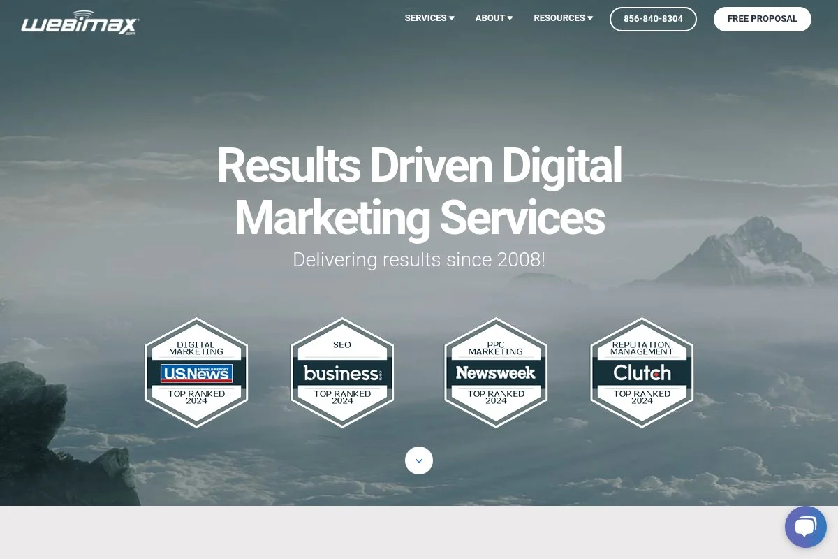 Screenshot of WebiMax homepage