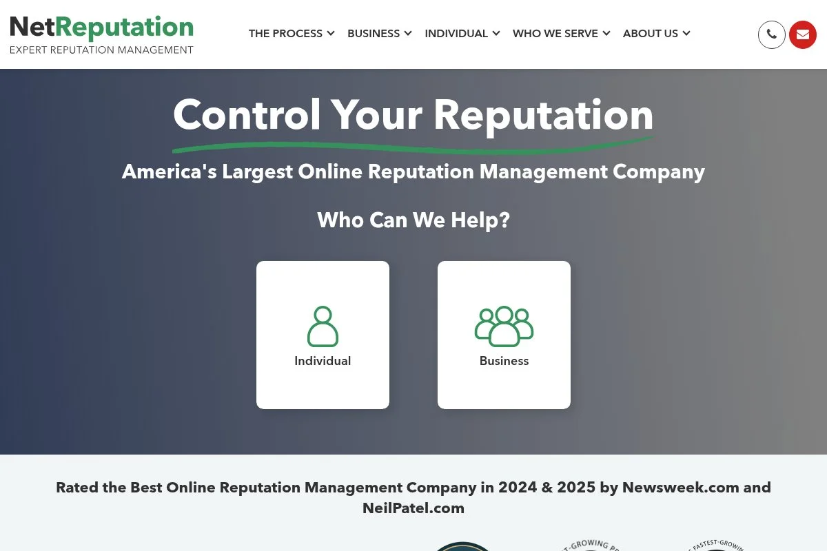 Screenshot of NetReputation homepage