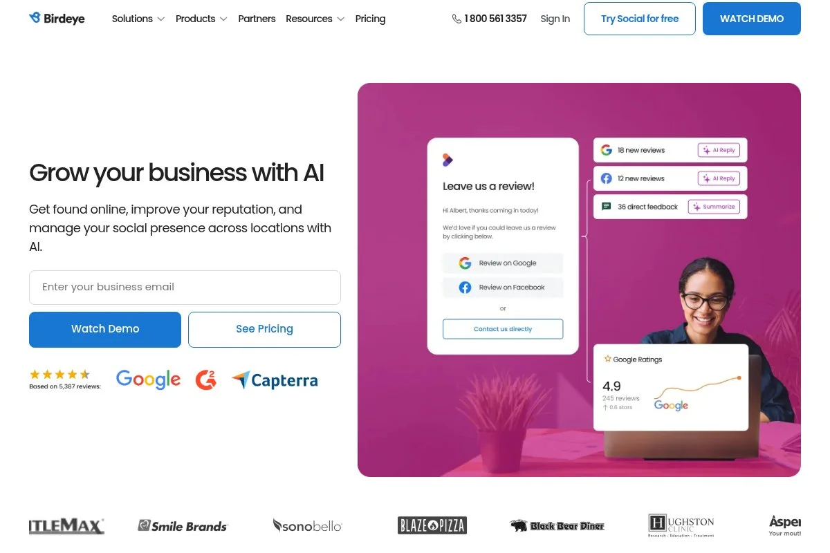 Screenshot of BirdEye homepage