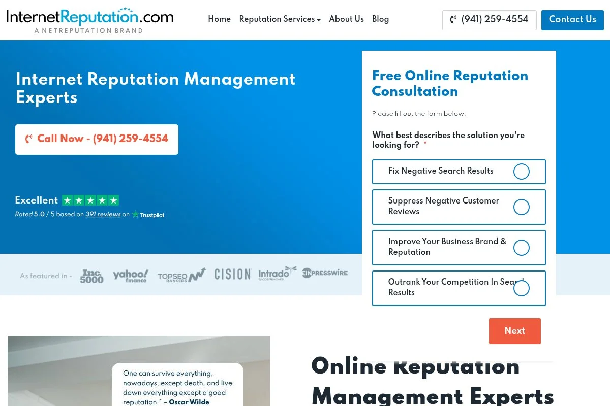 Screenshot of Internet Reputation homepage